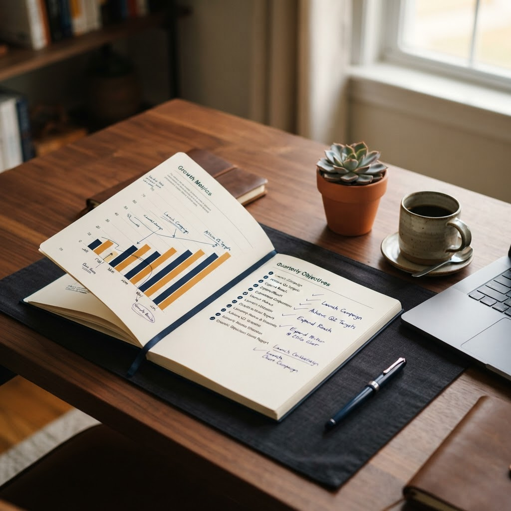 A printed growth plan report on a desk